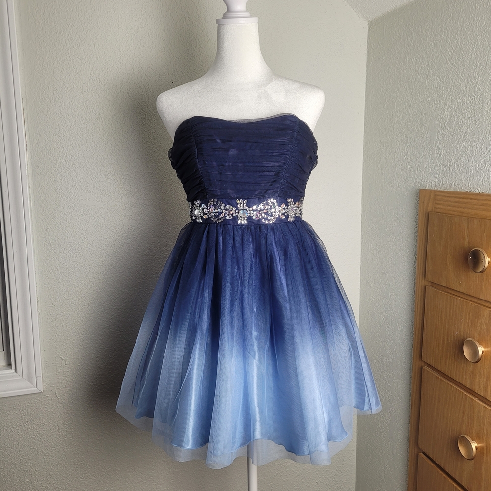B. Smart elegant blue hombre dress with embellished waist.